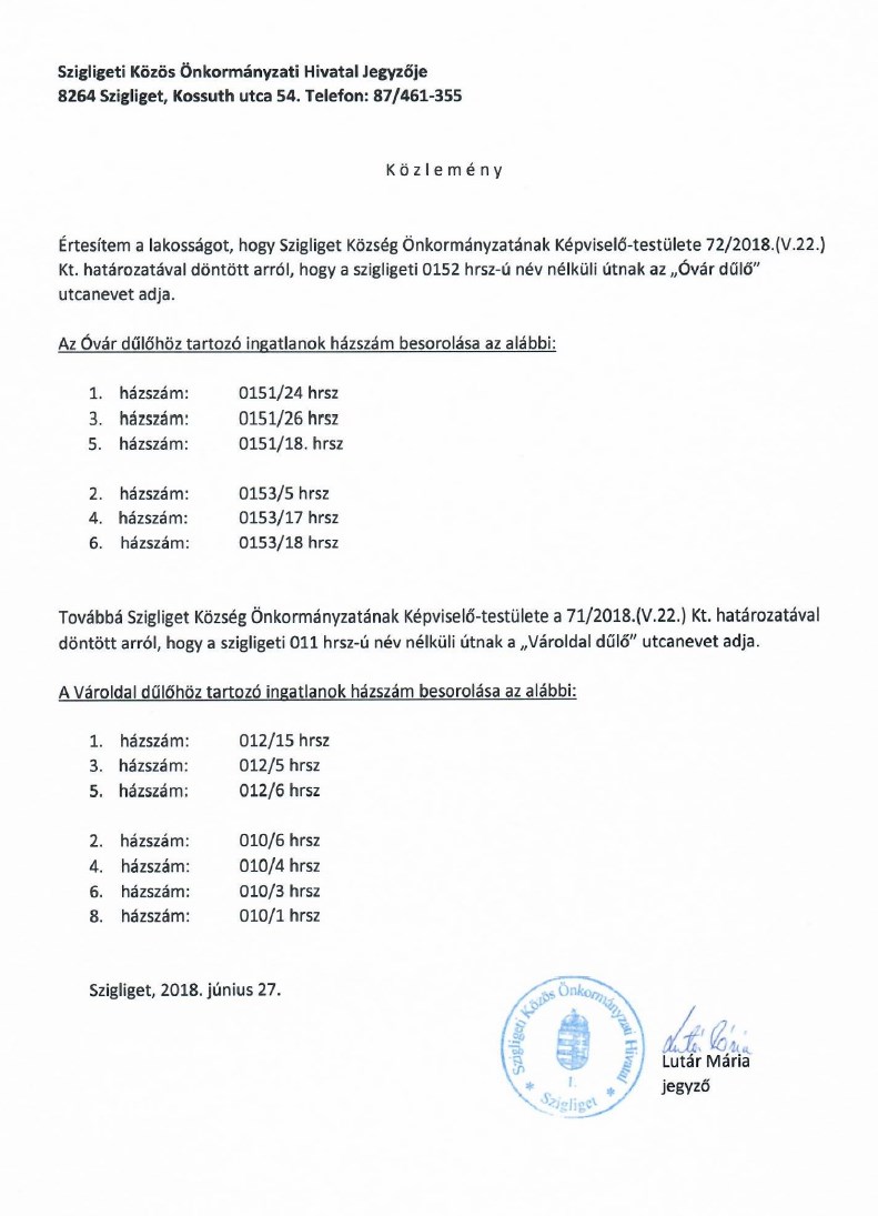 ovar dulo es varoldal dulo hazszam kozlemeny